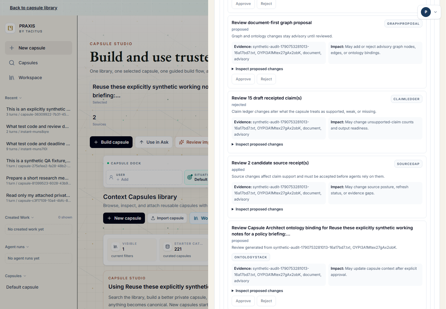 Real PRAXIS capsule review drawer cropped for readability, September 30 2026, build 4480650, synthetic private acceptance material; not a concept screen.